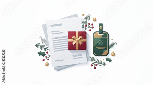 Holiday Gift Concept with Document, Present and Bottle Illustration Set
