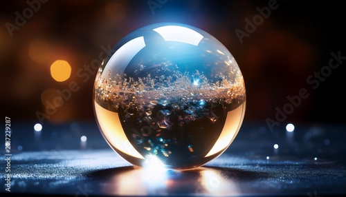 A Mystical Crystal Orb Glows With Soft Mist On A Dark Surface Close Up Macro Photography Reveals Elegant Details