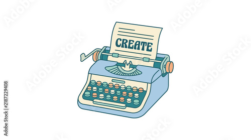 An illustration of a vintage blue typewriter with the word CREATE typed on paper, symbolizing creativity and writing.