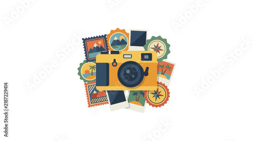 Flat design illustration of a vintage camera surrounded by travel photos, postcards, stamps, and a compass, symbolizing adventure and memories.