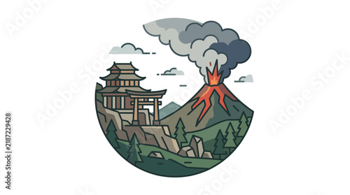 Illustration of a traditional Japanese temple and a torii gate on a hill, with an erupting volcano in the background, depicting a dramatic landscape.