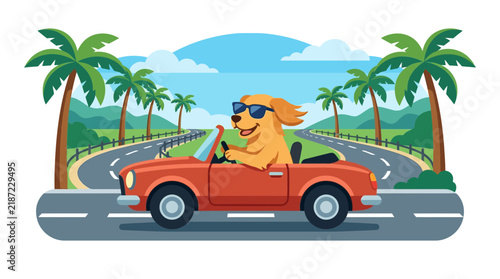 A cool golden retriever dog wearing sunglasses drives a red convertible car down a scenic road lined with palm trees under a blue sky, enjoying a summer road trip.