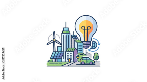 An illustration of a sustainable smart city with green energy solutions like solar panels, wind turbines, and an electric car, symbolizing innovation and environmental consciousness.