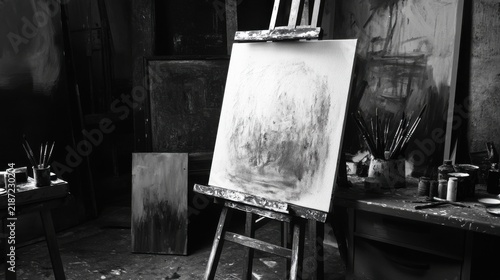 Black and White Artist Studio with Canvas on Easel