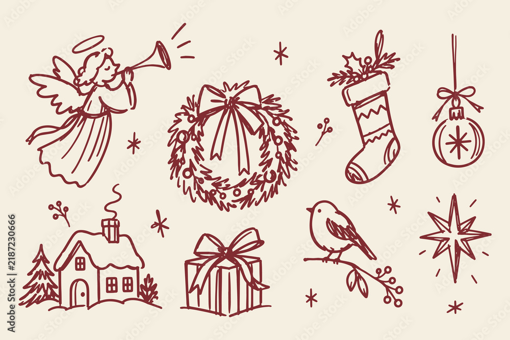 Fototapeta premium Christmas Holiday Symbols Hand Drawn Doodle Set