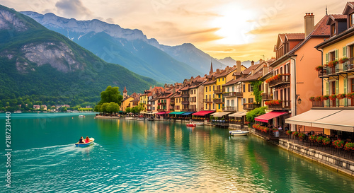 picturesque annecy lake old town french alps mountain view