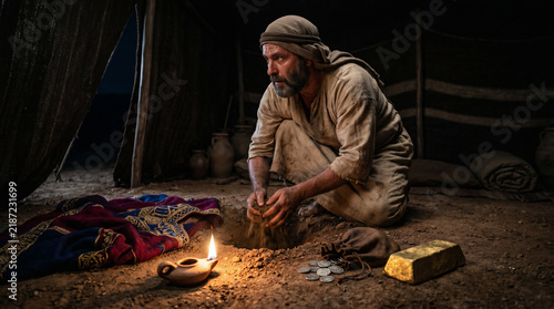 Achan secretly burying a beautiful stolen Babylonian garment and silver under the dirt floor of his tent