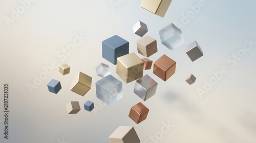 Floating metallic and glass cubes suspended in bright light with metallic blocks