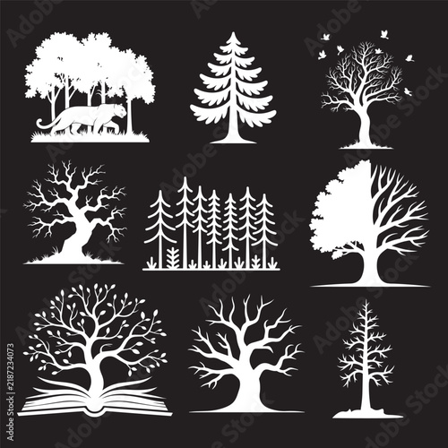 White tree silhouettes depict forest elements on a black background