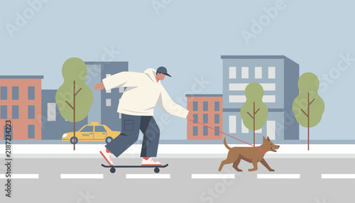 Active young male skater riding skateboard while walking his brown dog on leash down a quiet suburban city street.