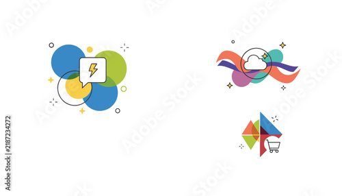 Modern collection of geometric graphic design brand logo elements featuring lightning, cloud, and shopping cart icons.