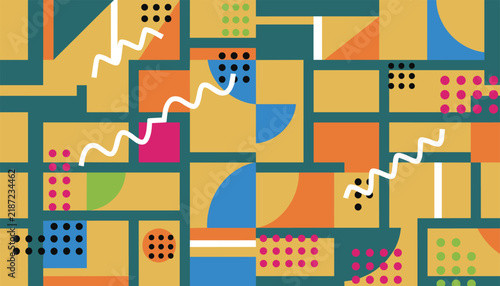 Complex abstract geometric background featuring colorful blocks, circles, zigzag lines, and polka dots patterns.