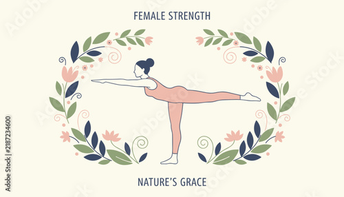 Athletic woman performing yoga warrior III pose inside a decorative floral frame with motivational text.