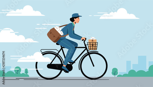 Female postal worker riding a bicycle to deliver letters and packages against a blue sky with clouds.