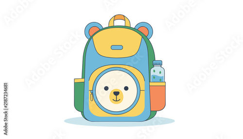 Cute kids backpack with a cartoon bear face design featuring a water bottle in the side pocket illustration.