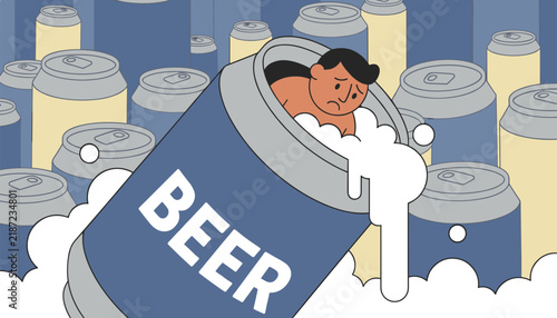Sad man trapped inside a giant overflowing beer can representing alcoholism and substance abuse concept.