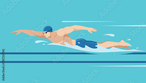 Professional male swimmer swimming crawl style in a pool with clear blue water and lane markers in flat style.