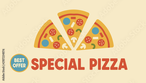 Retro style pizza promotional banner featuring three delicious pizza slices with pepperoni and mushrooms.