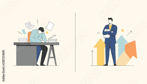 Contrast between a stressed worker buried under paperwork and a successful businessman with rising arrows.