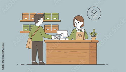 Eco friendly customer making a contactless card payment at a zero waste grocery store checkout counter.