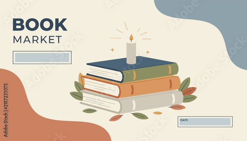 Book market promotional banner featuring a burning candle on top of a cozy stack of old colorful books.