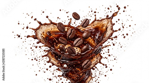 Roasted brown coffee beans spinning inside a splash of dark liquid isolated on white background