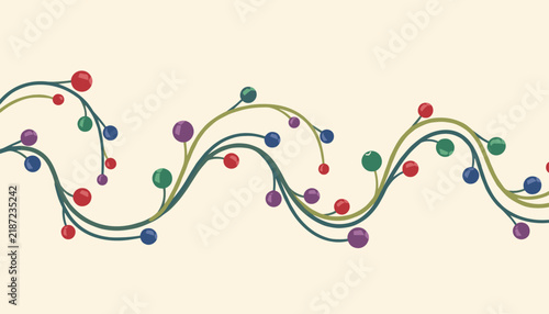 Beautiful seamless vine border pattern with green leaves and colorful round red, purple, and blue autumn berries.