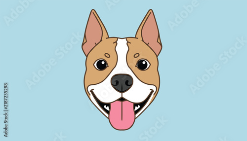 Friendly smiling pitbull dog face looking extremely happy with his pink tongue out, on a solid light blue background.