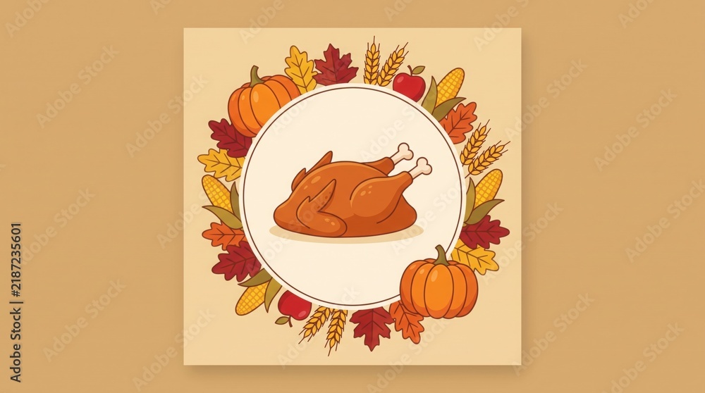 Fototapeta premium Cute roasted Thanksgiving turkey illustration with pumpkins, corn, wheat and colorful autumn harvest leaves