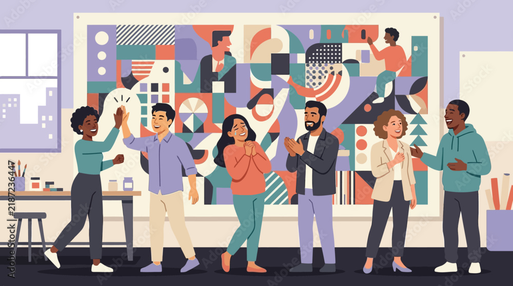 Fototapeta premium Diverse creative team celebrating successful art project in studio with colorful abstract mural background vector illustration