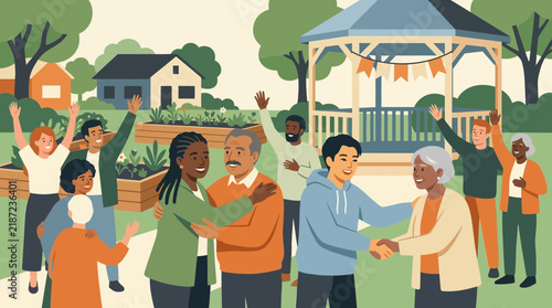 Diverse community members celebrating together in a park with a gazebo and raised garden beds