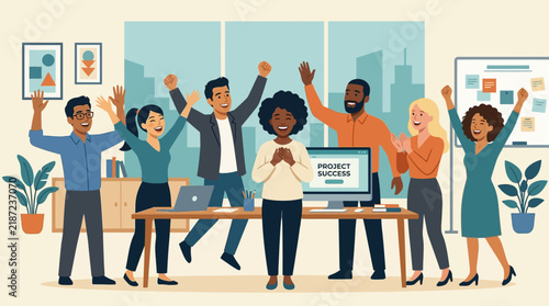 Diverse business team celebrating successful project achievement in a modern office, flat vector illustration
