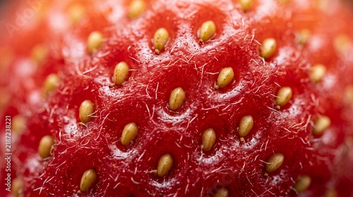 Macro Close Up of Fresh Red Strawberry Skin and Seeds