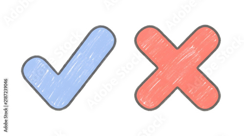 Scribble Style Blue Check Mark and Red Cross Mark Symbols