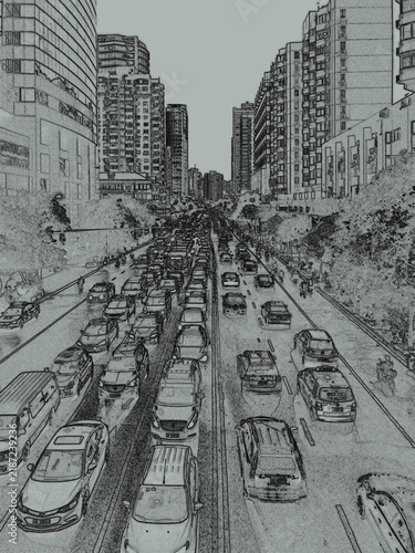 A monochrome illustration shows a busy city street packed with cars and buses, framed by tall buildings. The style resembles