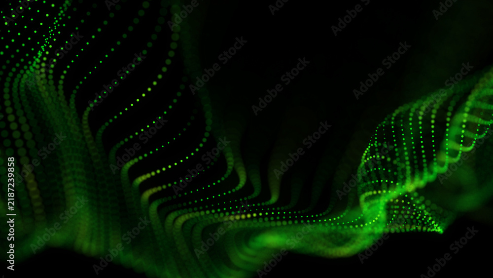 Fototapeta premium Abstract green particle wave made of glowing dots and flowing curved lines on a black background, creating a futuristic digital motion effect. Dynamic technology backdrop.
