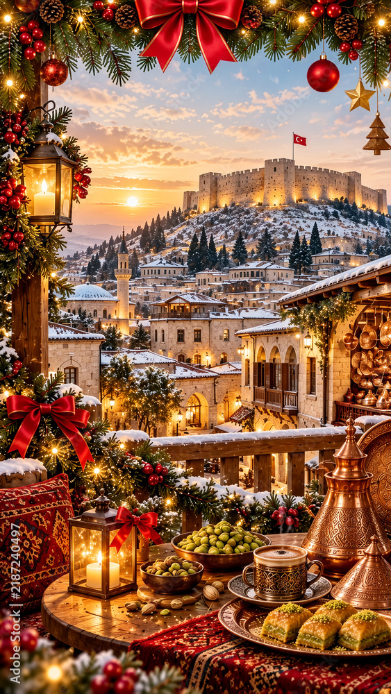 Fototapeta premium In the snowy landscape of Gaziantep, the historic castle, stone houses, copper craftsmanship, pistachios, and baklava blend with New Year's decorations.