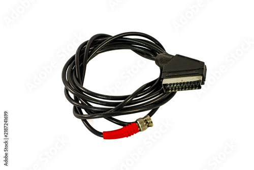 Cuadro en lienzo Analog video connection cable featuring a SCART connector and BNC plug, coiled and isolated on white