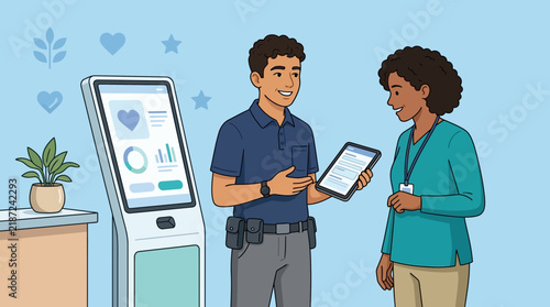 Healthcare staff using tablet and kiosk for patient information, isolated on transparent background