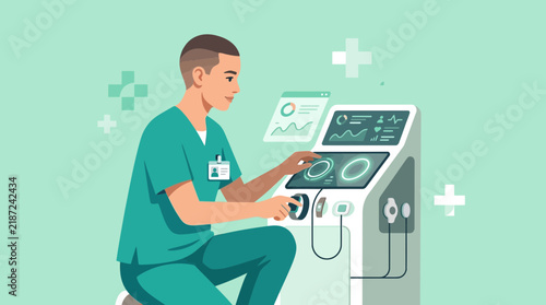 Healthcare Tech: Nurse Using Advanced Medical Equipment, Digital Interface