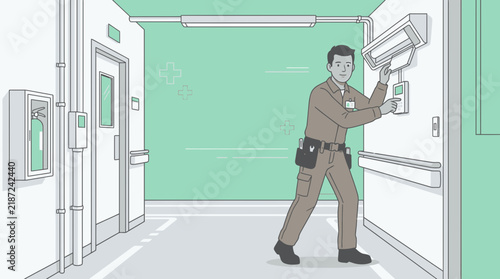 Healthcare Technician Adjusting Medical Equipment in Hospital Corridor
