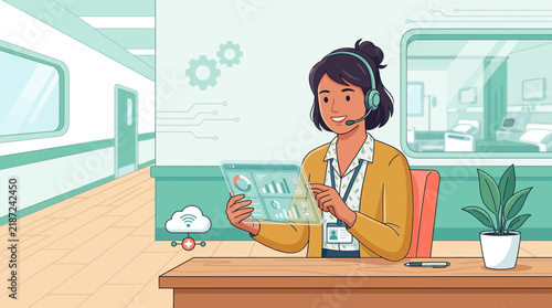Healthcare tech support, woman with headset and tablet in hospital setting