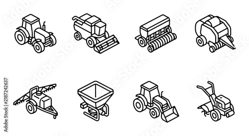 Foto Farm Equipment Icons Set, Agricultural Machinery Vector Graphics, Rural Industry
