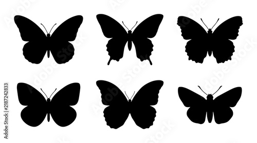 Six Black Butterfly Silhouettes, Vector Icons, Insect Wing Shapes, Nature Graphics, Elegant Moth Forms