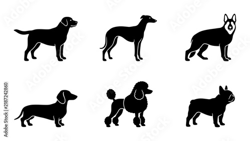 Six Silhouette Dog Breeds Vector Icons, Pet Animal Graphics, Canine Companions Collection