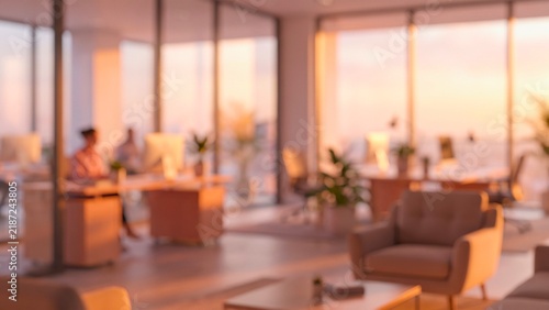 Blurred corporate workplace with desks and large windows during golden hour abstract background with flowing shapes and lines