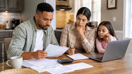 American family reviewing monthly household budget at home