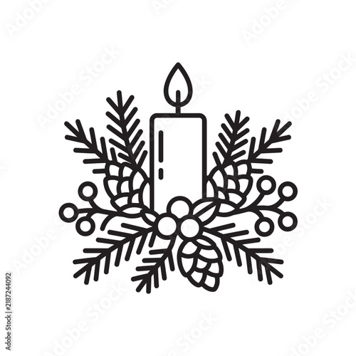 Candle surrounded by pine branches and holly berries is shown as a black line art icon on a white background.