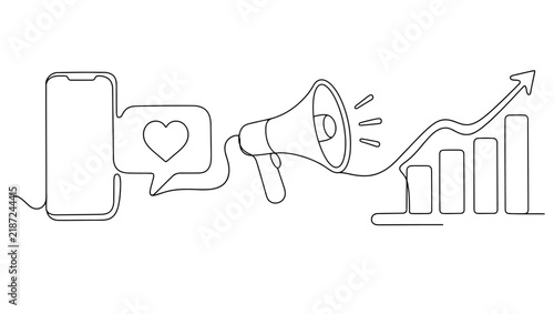One line drawing of a smartphone, chat bubble with heart, megaphone and growth bar chart