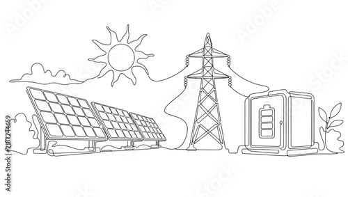 Continuous line drawing of solar panels, electricity pylon, and battery storage system representing renewable energy and sustainable power generation